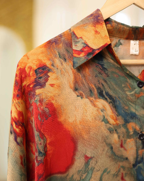 Printed silk satin shirt with long sleeves and a classic fit for evening styling.