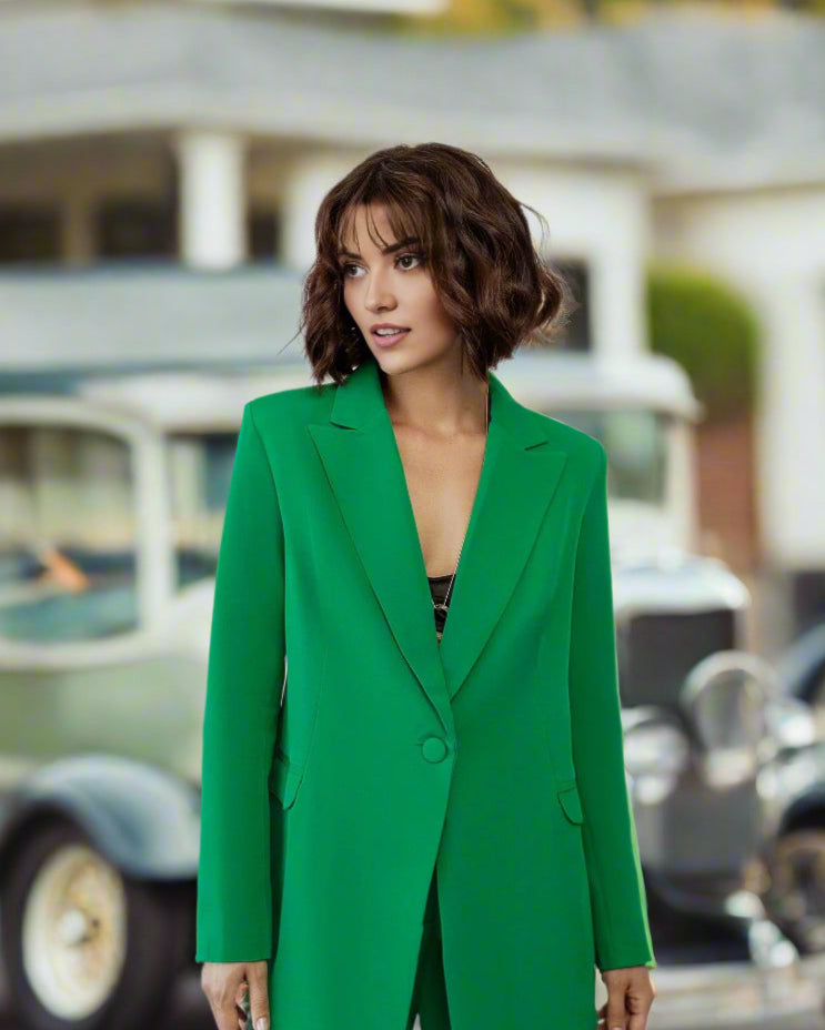 Green cotton blazer with front pockets for summer formals.