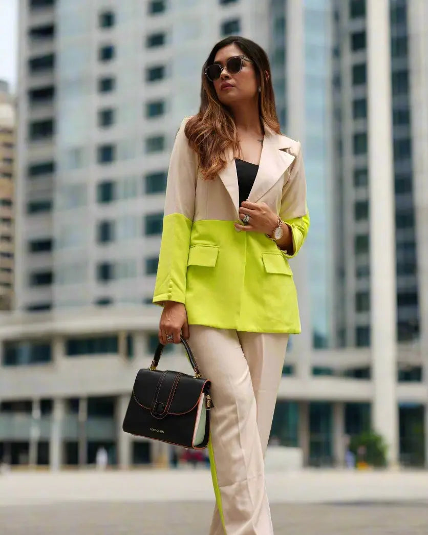 dual toned plaid blazer suit set with padded shoulders and straight fit pants.