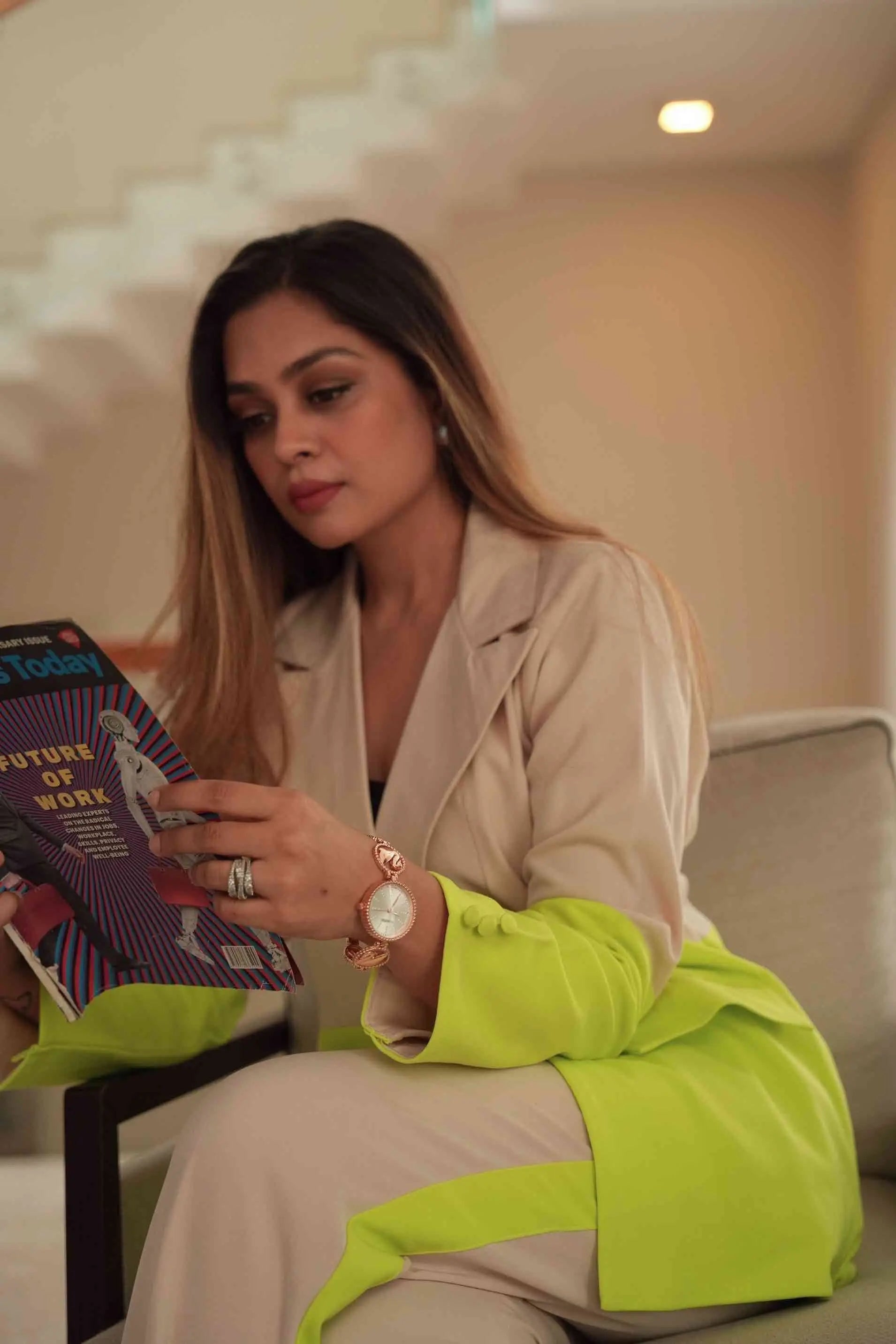 dual toned plaid blazer suit set with padded shoulders and straight fit pants.