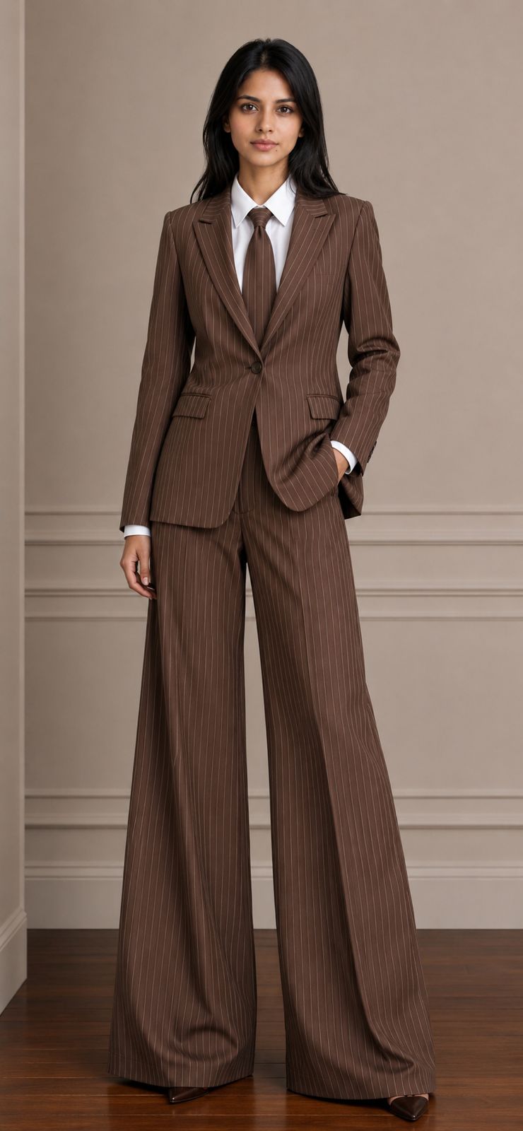 Luxe Brown Pinstripe Two-Piece Suit Set with Tie Beyond Formals
