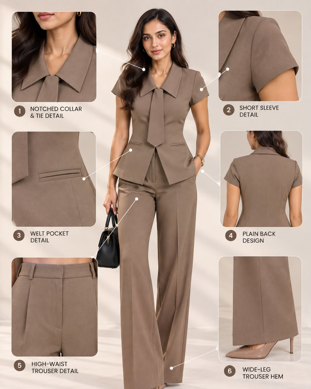 Beige short-sleeve pant suit set with tie – detail guide showing collar, sleeve, welt pocket and wide-leg trousers | Beyond Formals