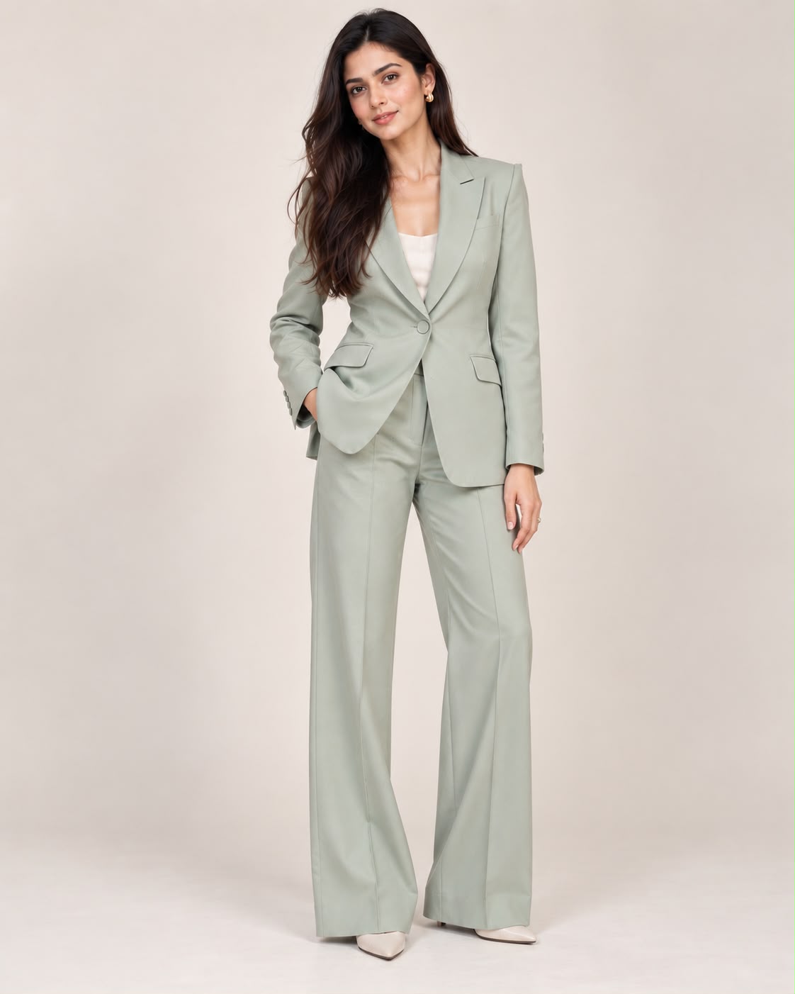 Mint green single-breasted peak lapel blazer with matching wide-leg trousers – full-length front view | Beyond Formals