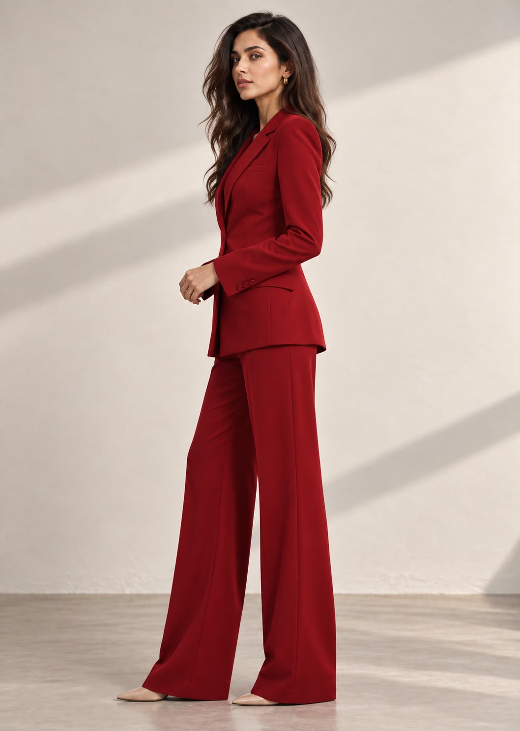Red single-breasted deep-V blazer with matching trousers – side view | Beyond Formals