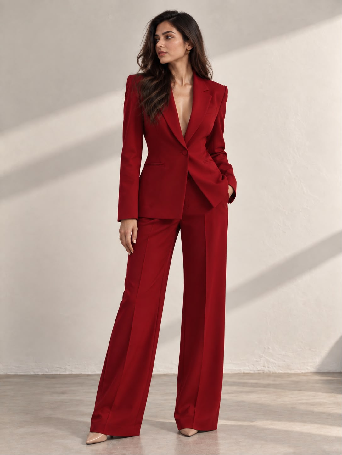 Red single-breasted deep-V blazer with matching wide-leg trousers – full-length front view | Beyond Formals