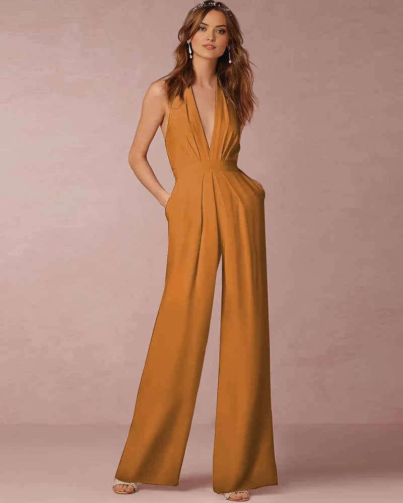 Yellow Wide Leg & Backless Halter Jumpsuit