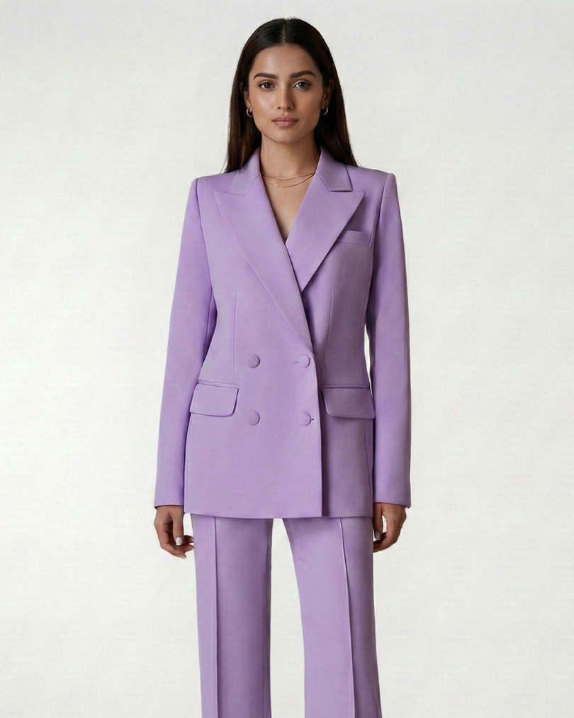 Woman wearing a lavender suit on a white background