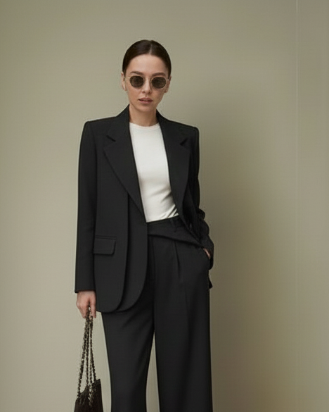 Woman in a black suit with a white top, holding a black handbag against a neutral background
