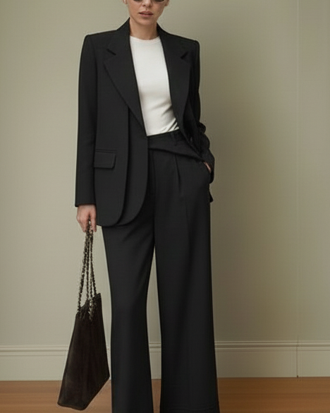 Woman in a black suit with a white top, holding a black handbag against a neutral background