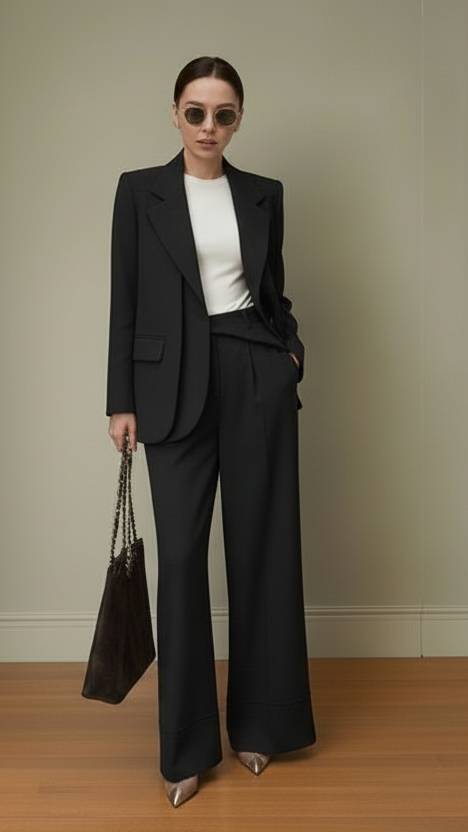 Woman in a black suit with a white top, holding a black handbag against a neutral background