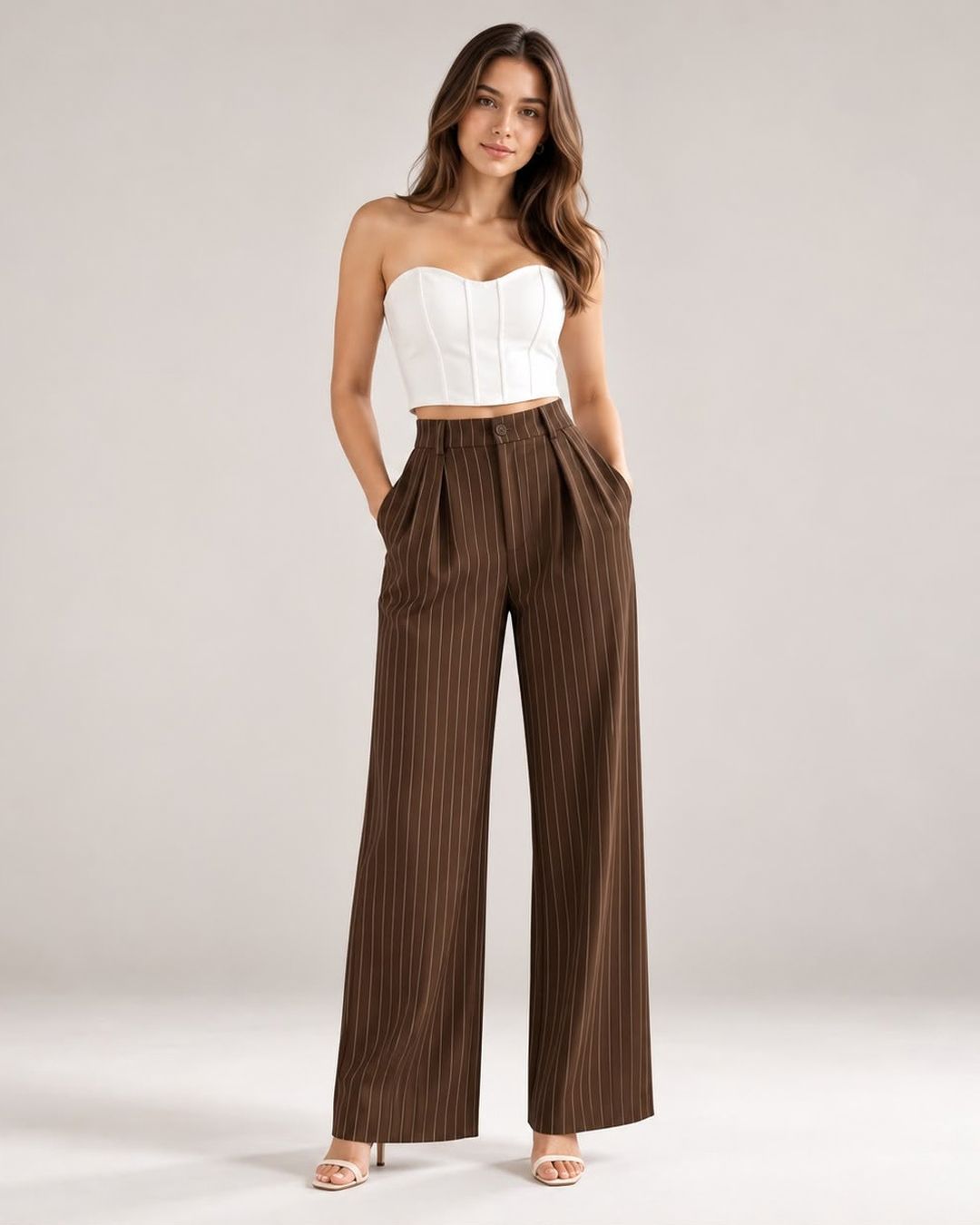 Brown pinstripe high-waist wide-leg trousers with white corset top, full-length front view | Beyond Formals