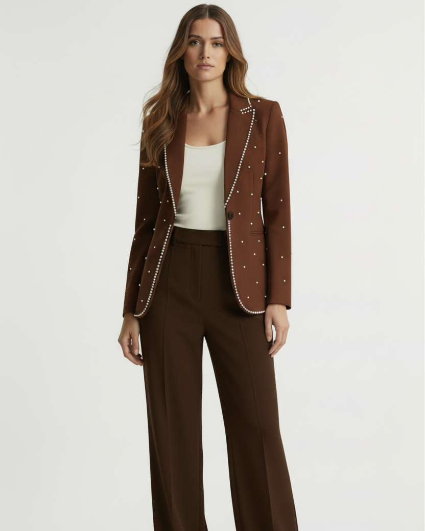 Woman wearing a brown studded blazer and pants on a white background