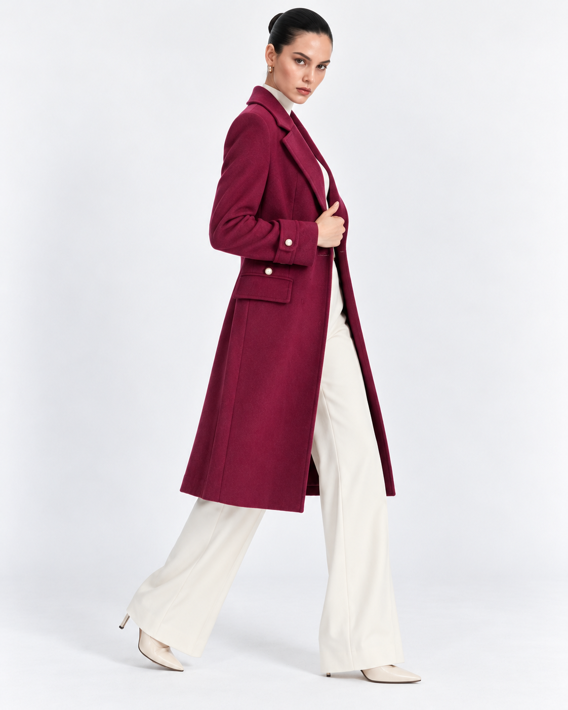 Burgundy Fitted Pearl-Button Long Overcoat for Women – side view | Beyond Formals