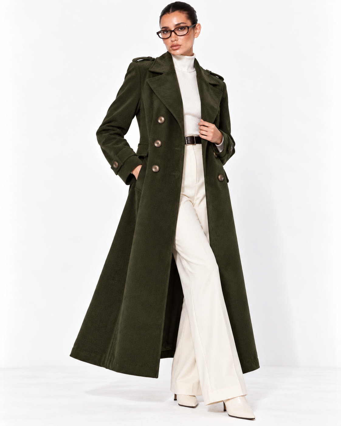 Olive Green Double-Breasted Long Overcoat for Women – Beyond Formals