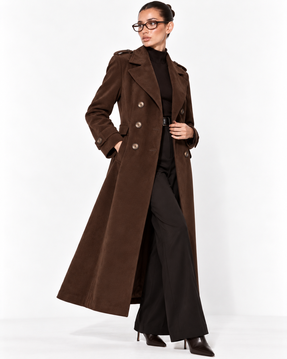Mocha Brown Double-Breasted Long Overcoat for Women – Beyond Formals