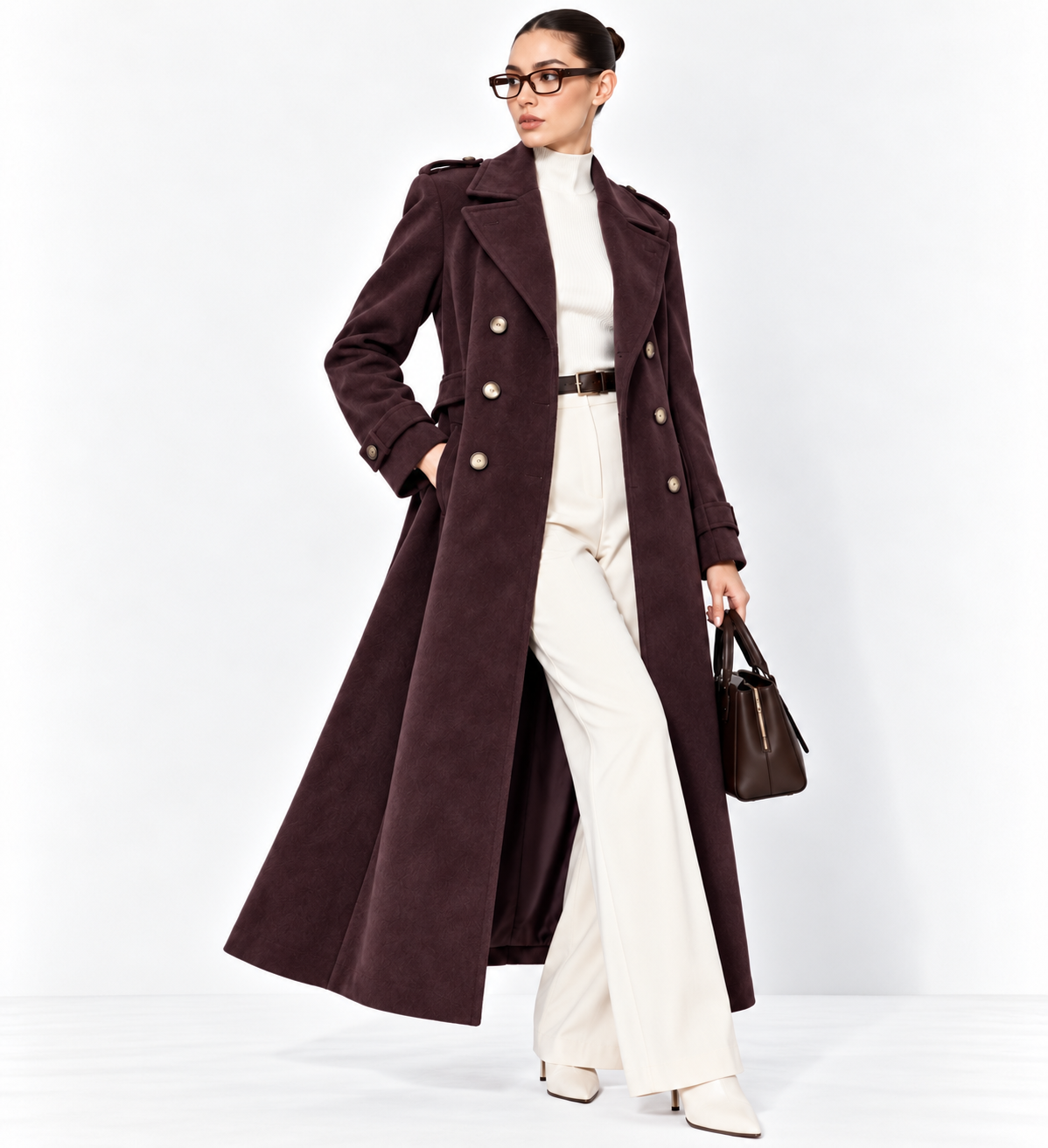 Plum Purple Double-Breasted Long Overcoat for Women – Beyond Formals