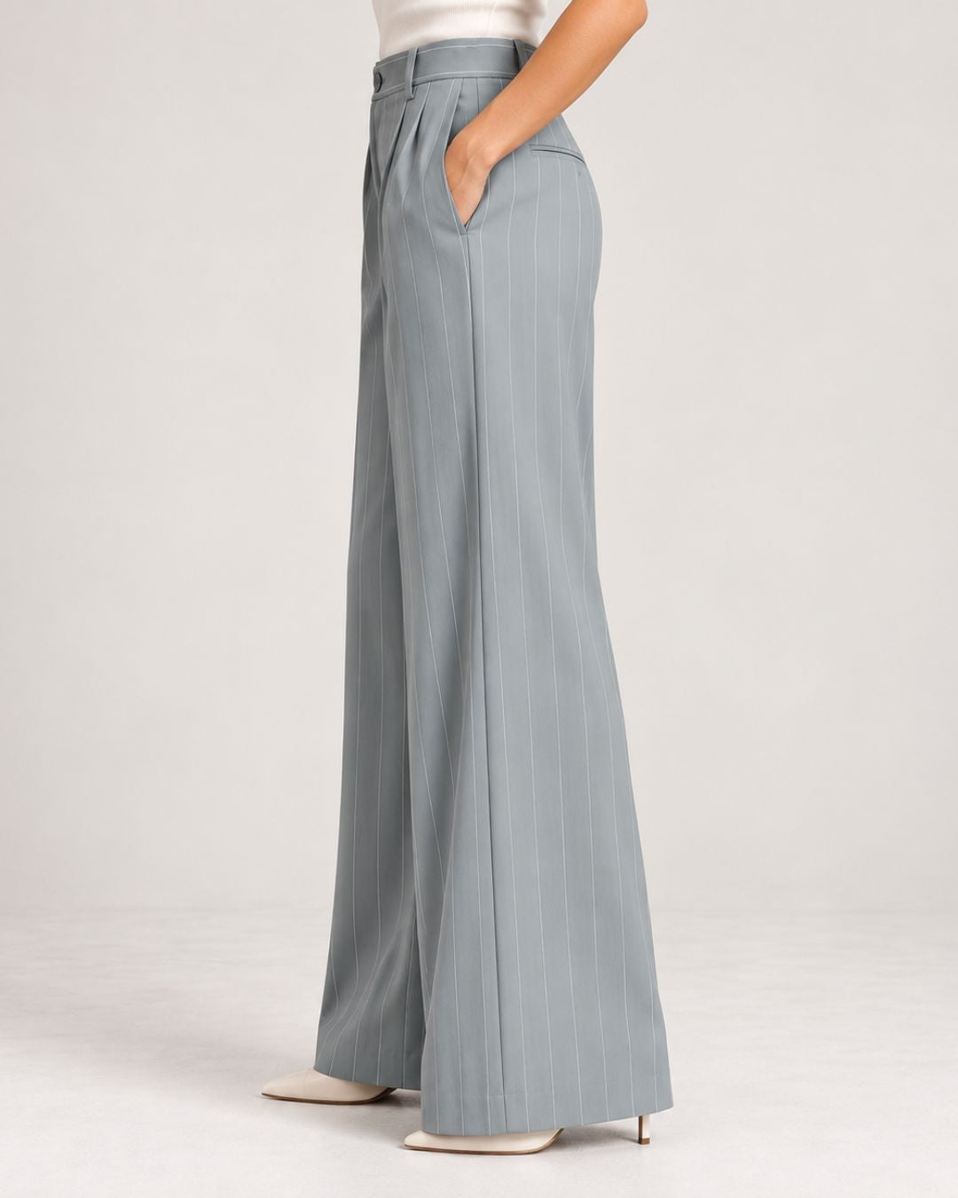 Grey pinstripe wide-leg trousers, side view showing drape | Beyond Formals