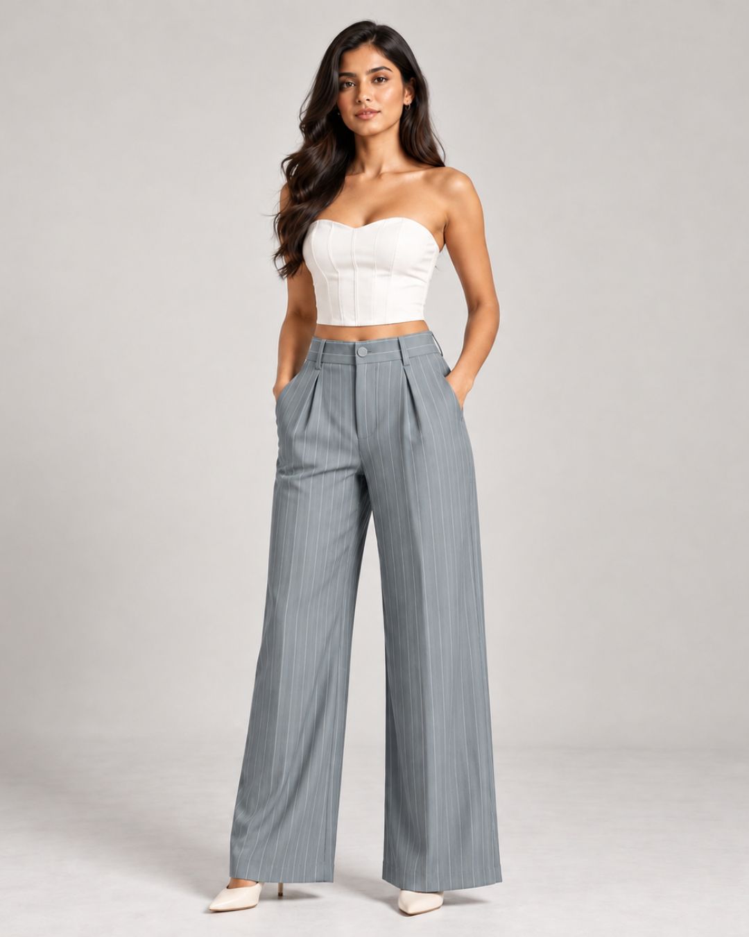 Grey pinstripe high-waist wide-leg trousers with white corset top, full-length front view | Beyond Formals