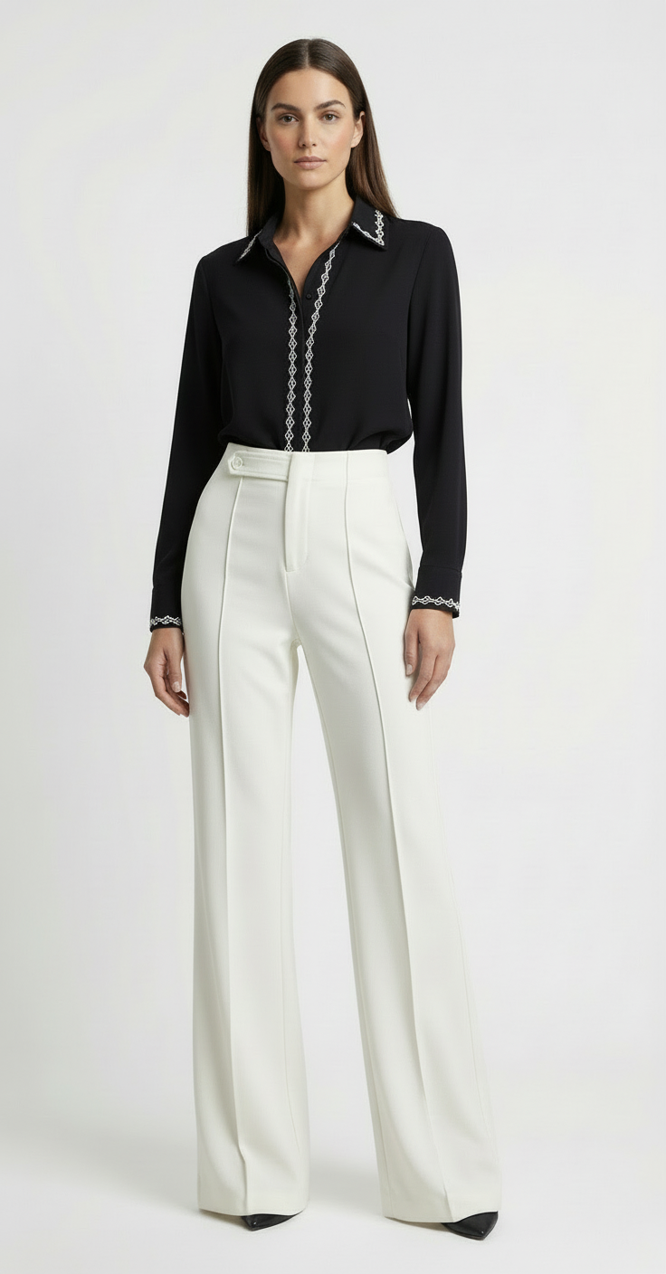 Woman wearing a black shirt and white pants on a white background