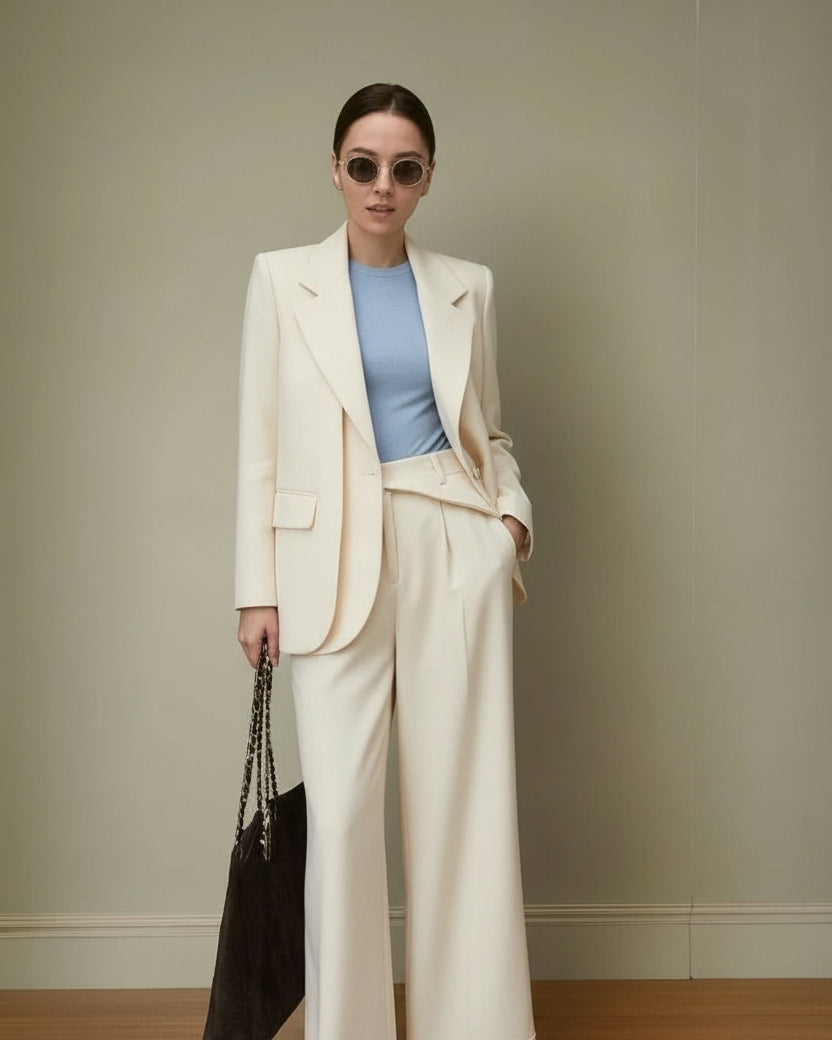 Woman in a cream suit with a blue top, holding a black handbag against a plain background