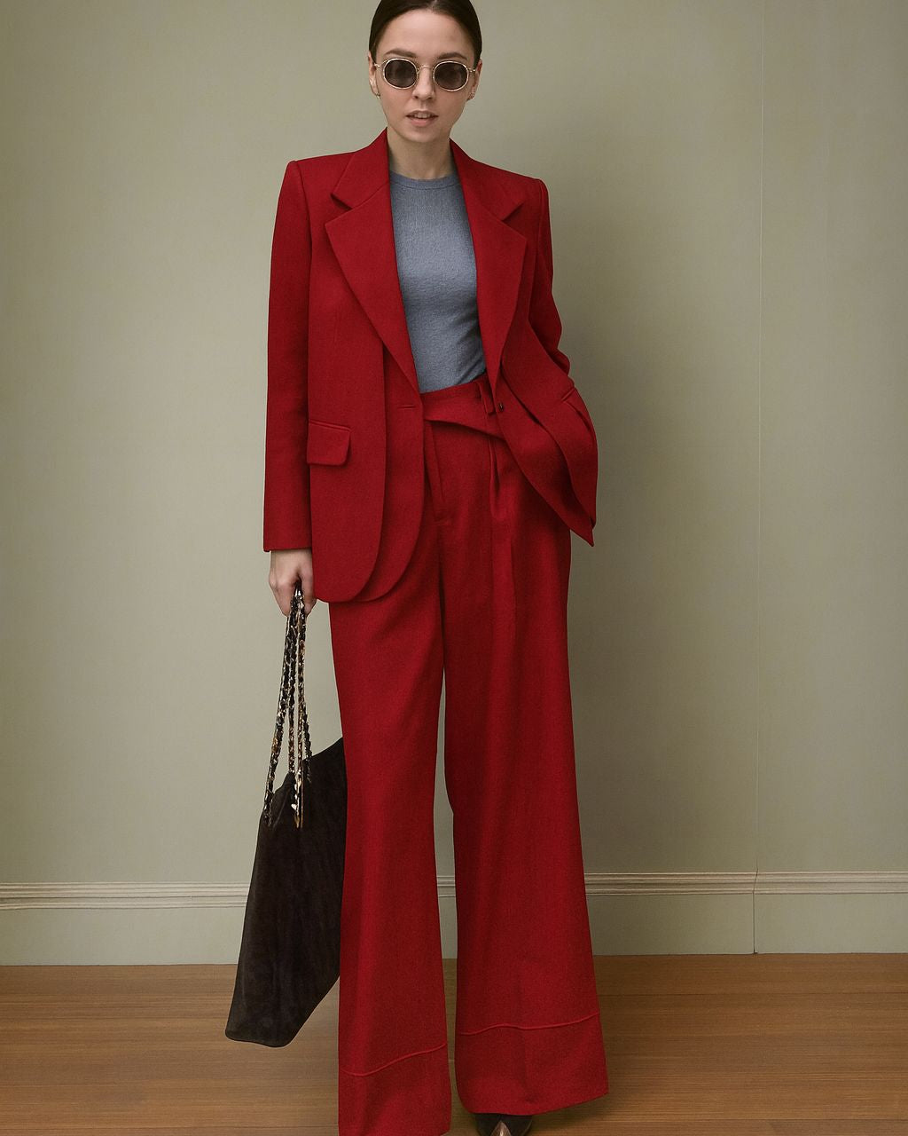 Woman in a red suit standing against a plain background