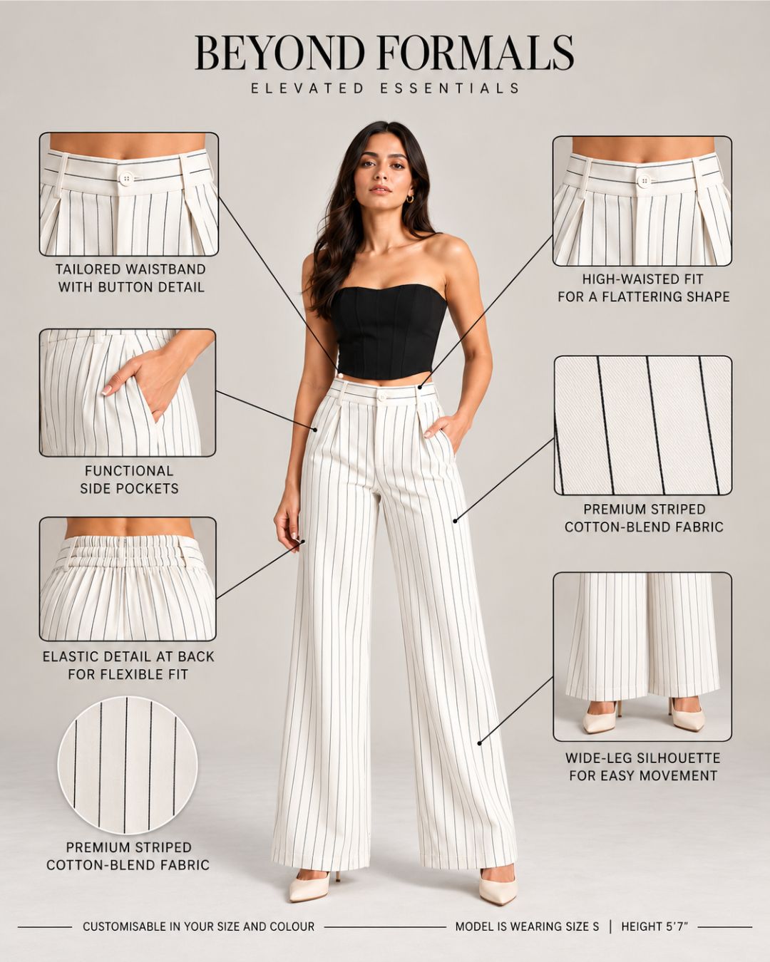 Infographic of white pinstripe trousers showing waistband, pockets, back elastic and wide leg | Beyond Formals