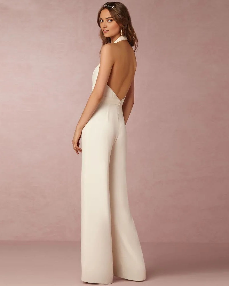 white Wide Leg & Backless Halter Jumpsuit