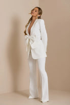White double-breasted blazer suit set for formal business meetings.