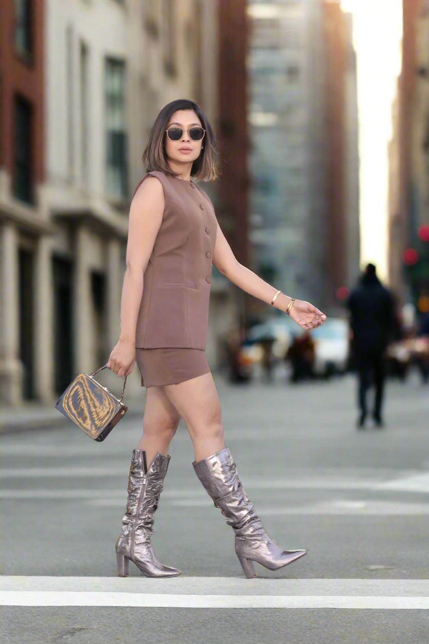 Brown Sleeveless Co-ord Set With Short - Beyond Formals