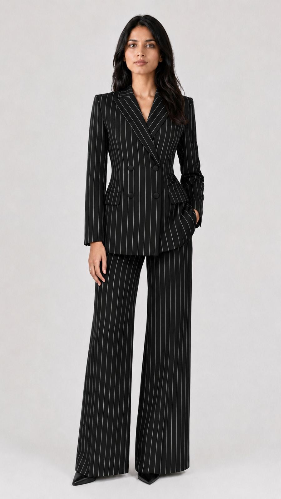 Executive Black Pinstripe Double-Breasted Blazer Suit Set Beyond Formals