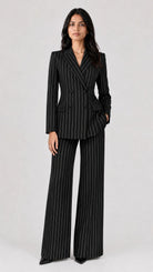 Executive Black Pinstripe Double-Breasted Blazer Suit Set Beyond Formals