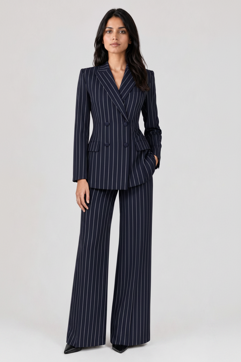 A woman modeling a navy blue pinstripe double-breasted blazer and matching wide-leg trousers against a light gray studio background.
