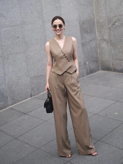 Classic Beige Vest and Wide-Leg Pants Set