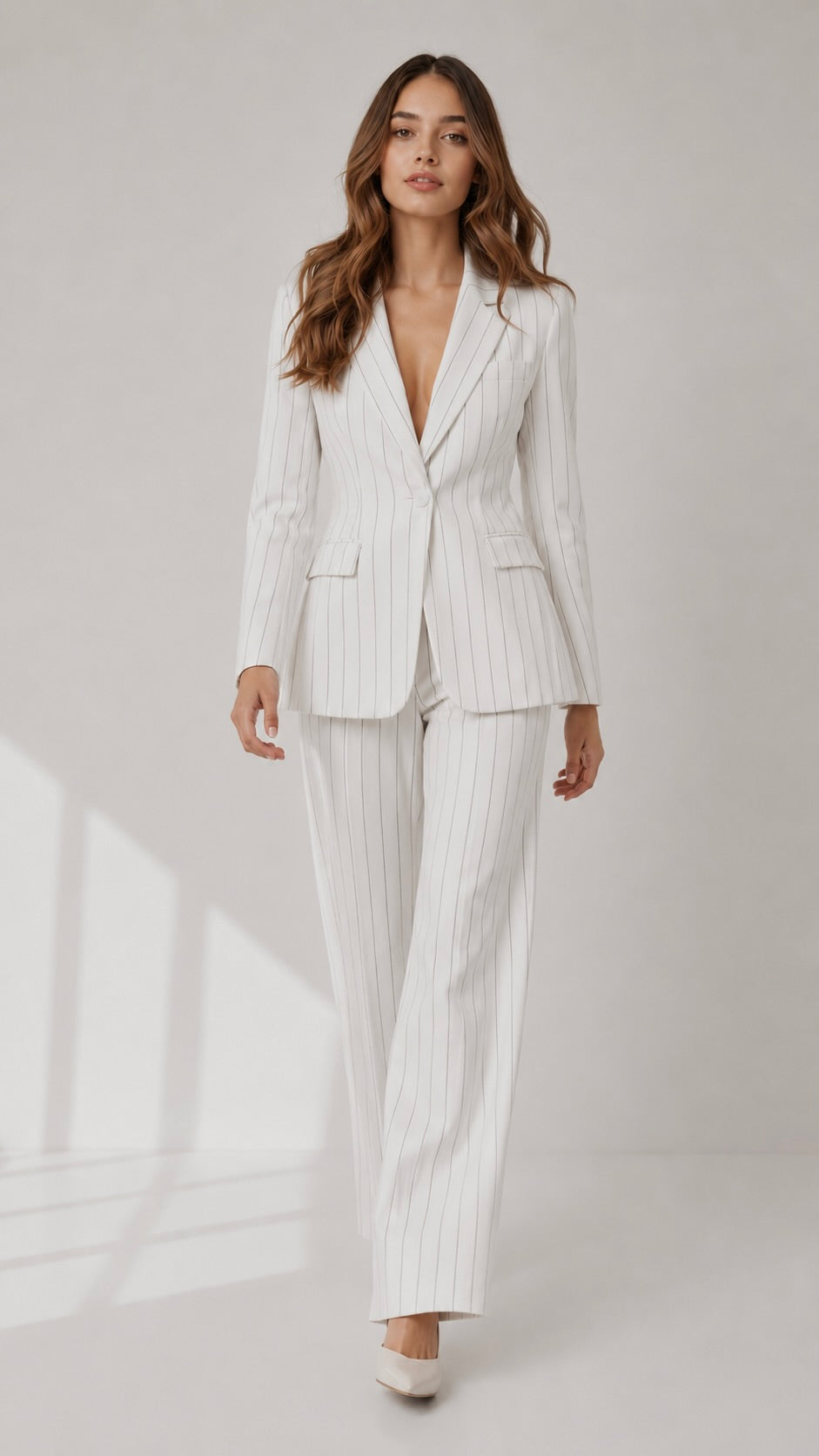 White Pinstripe Single-Breasted Blazer Suit Set Beyond Formals