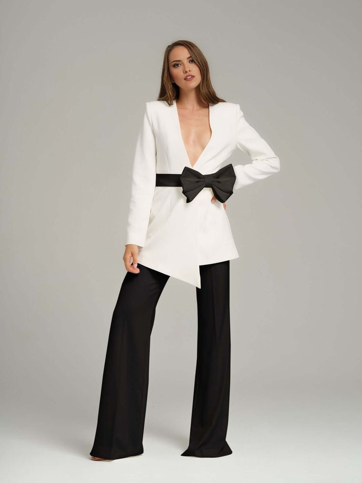 White  Power Suit Set with Black Bow