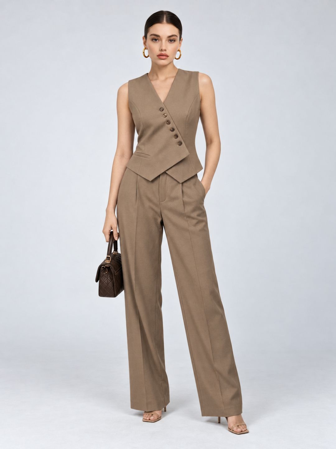 Beige Deep-V Wrap Waistcoat & Trouser Set, front view