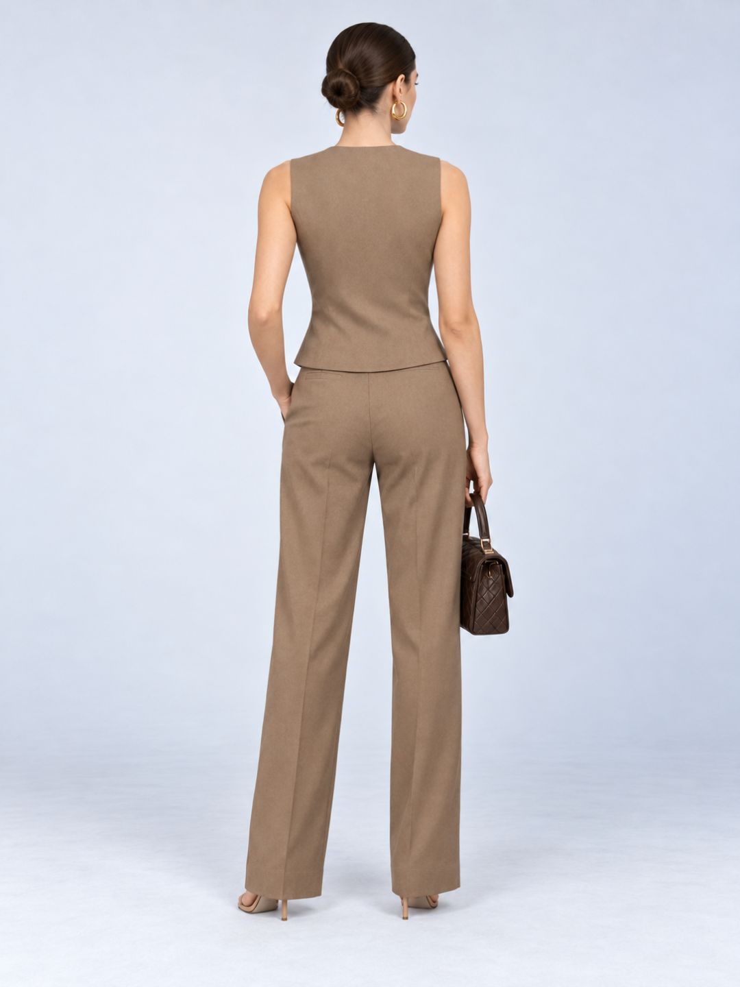 Beige Deep-V Wrap Waistcoat & Trouser Set, detail