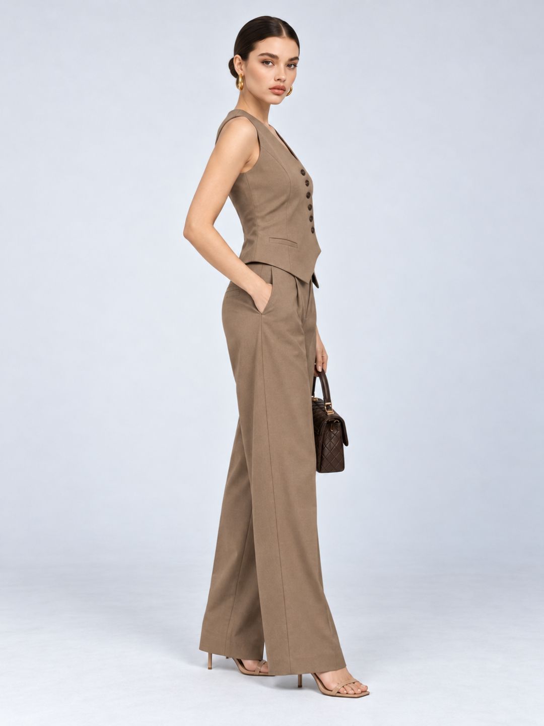 Beige Deep-V Wrap Waistcoat & Trouser Set, back view
