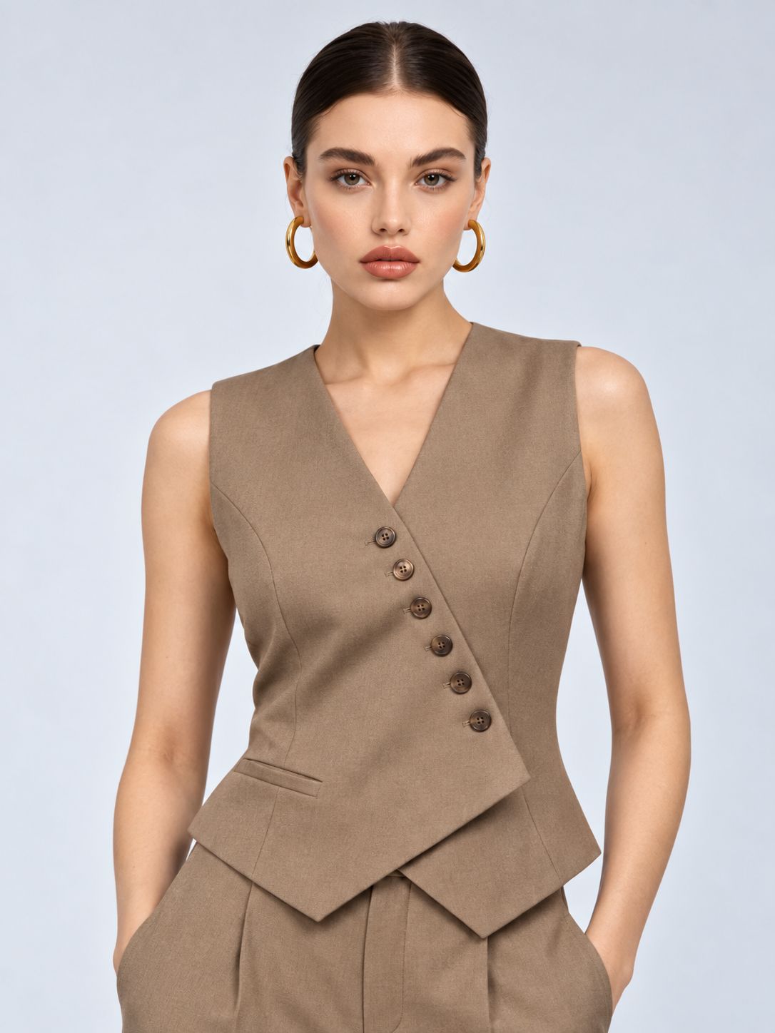 Beige Deep-V Wrap Waistcoat & Trouser Set, side view