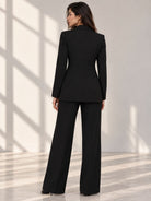 Black Deep-V Single-Button Pant Suit Set for Women, back view