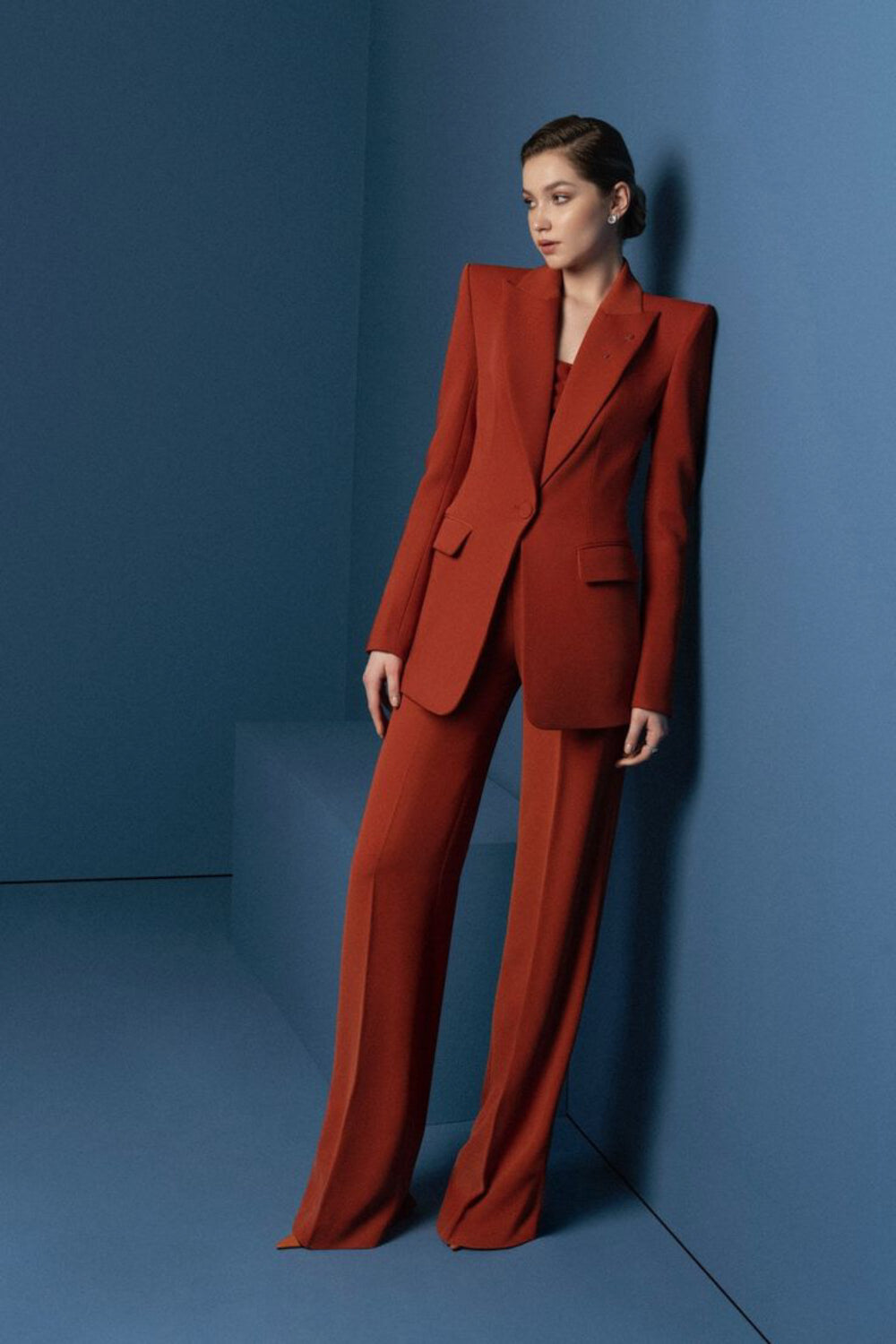 Women's red blazer suit set with a modern tailored fit.