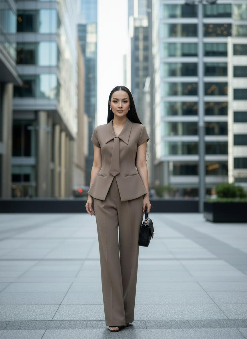 Brown coord set with a single-breasted blazer and flared pants with tie.