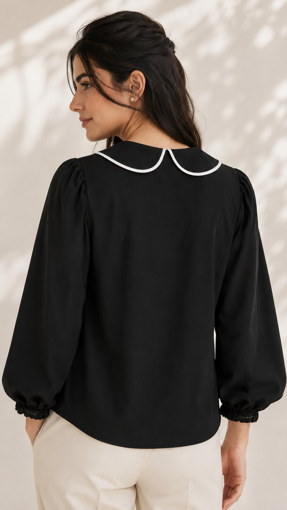 Black contrast collar shirt, back view showing rounded collar and gathered statement sleeves | Beyond Formals