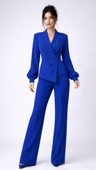 Woman wearing a blue suit on a white background