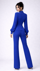Woman wearing a blue outfit on a white background