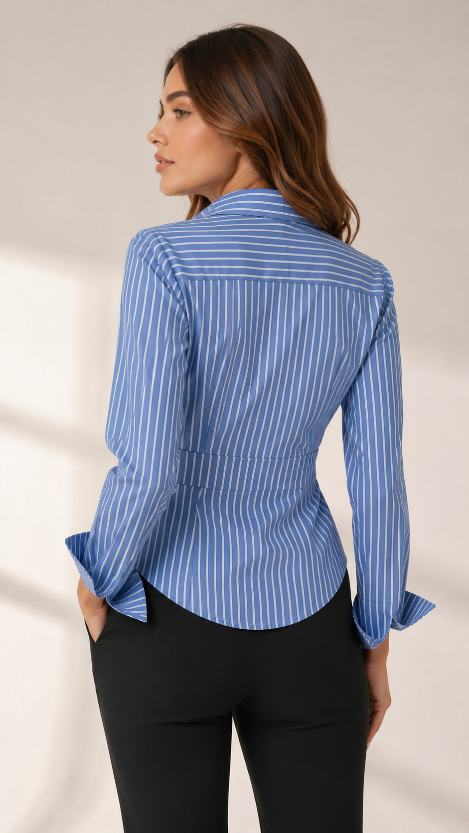 Blue Pinstripe Wrap Shirt for Women Beyond Formals