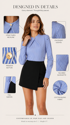 Blue Pinstripe Statement Collar Cotton Blend Formal Shirt for Women Beyond Formals