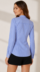 Blue Pinstripe Statement Collar Cotton Blend Formal Shirt for Women Beyond Formals