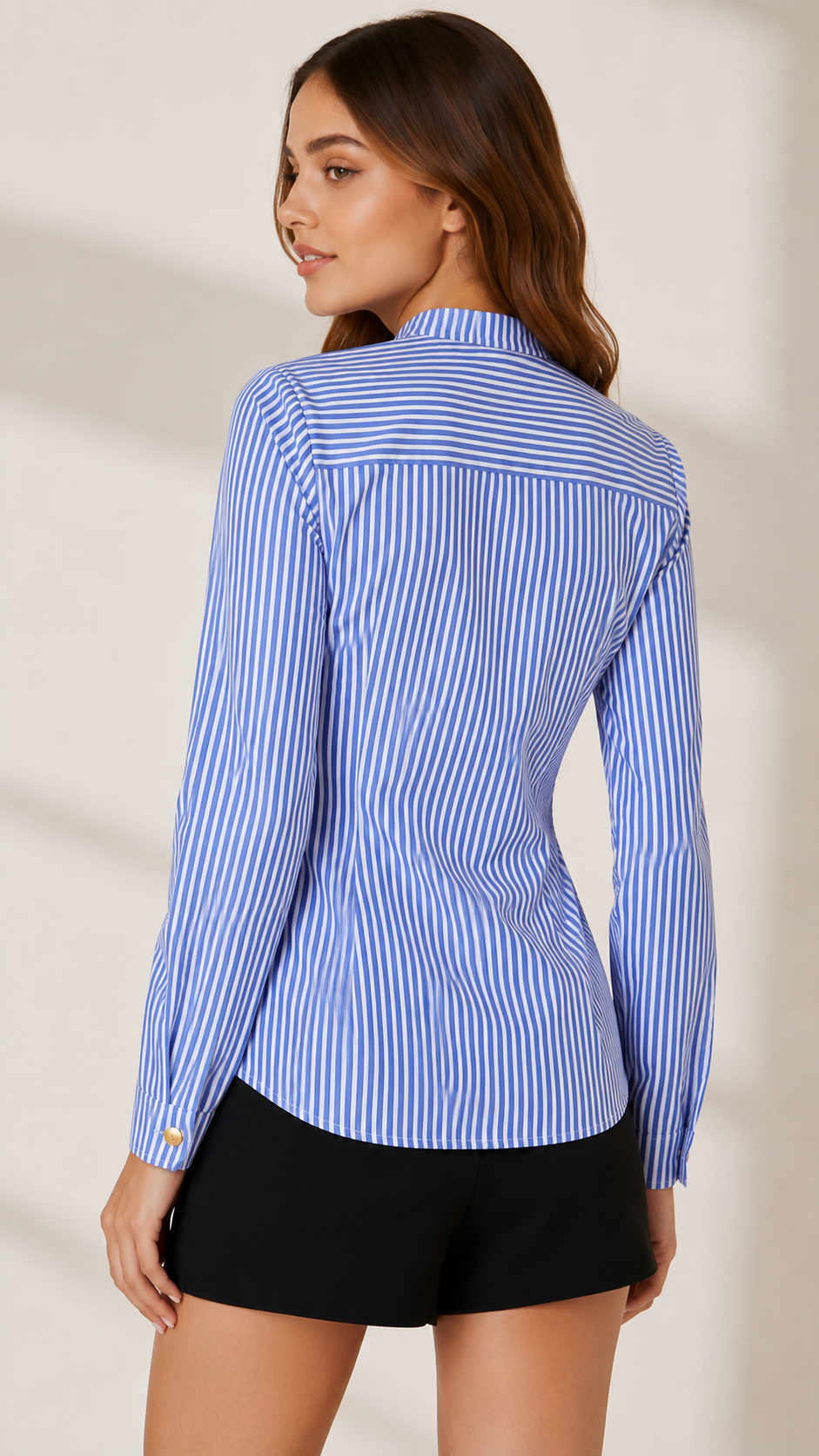 Blue Pinstripe Statement Collar Cotton Blend Formal Shirt for Women Beyond Formals