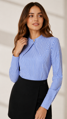 Blue Pinstripe Statement Collar Cotton Blend Formal Shirt for Women Beyond Formals